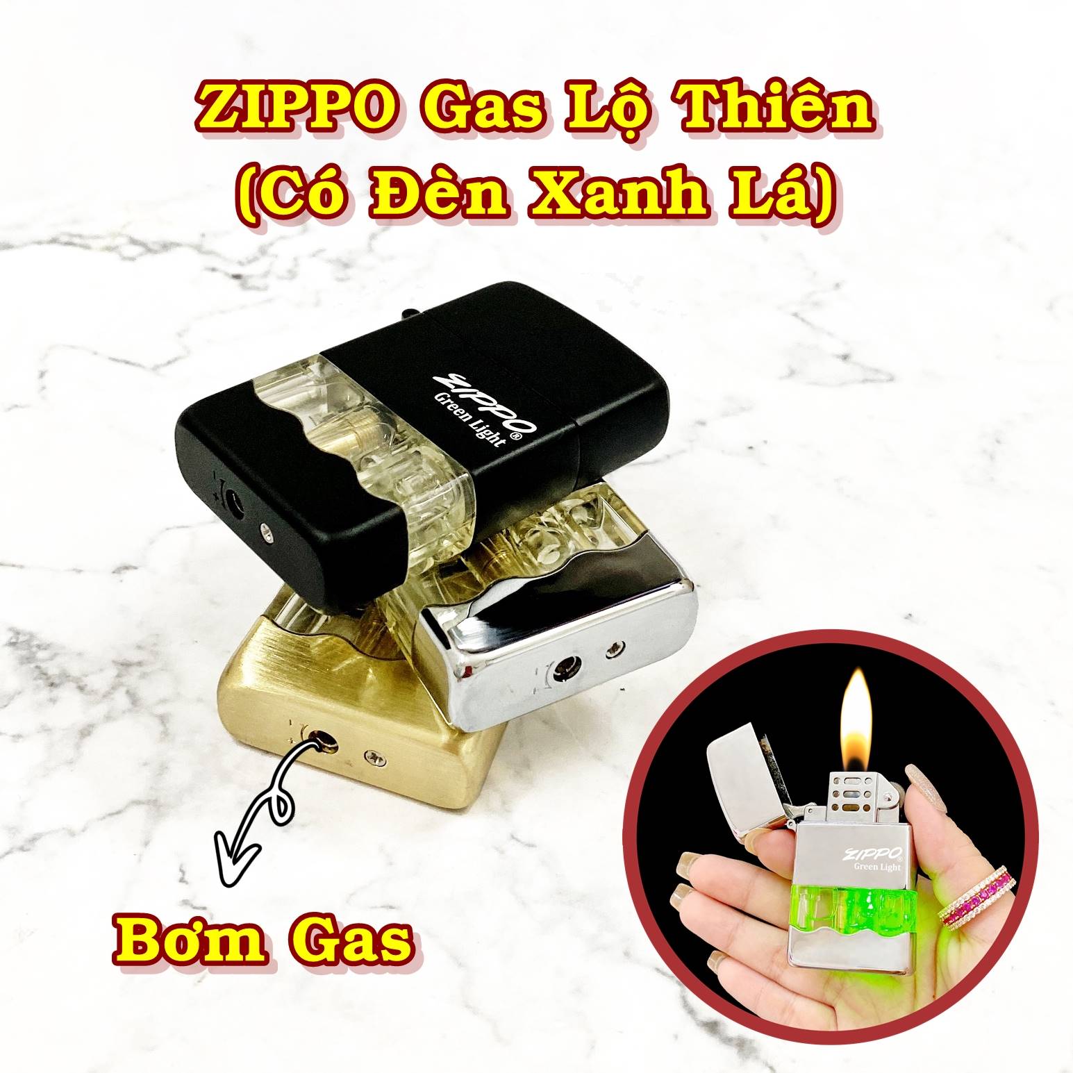 Hột quẹt bật lửa Zipo gas lộ thiên kiểu gợn sóng (có đèn xanh lá) - (xài gas)