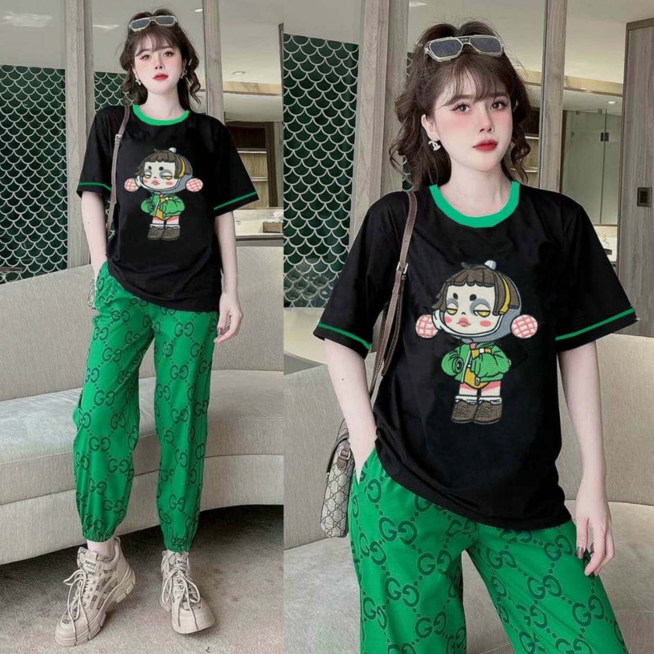 [FREESHIP]Đồ bộ dài form rộng áo thun cotton logo nhập thêu đắp phối quần thun lạnh in 3D xanh lá hiện đại