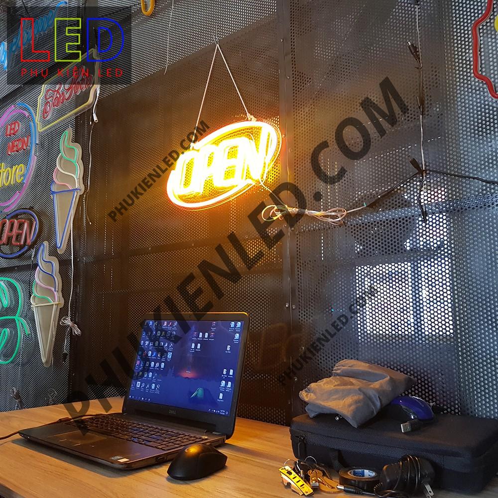 Đèn Led Neon Chữ Open hình oval - Open Len Neon Sign, Đèn Led Neon Open Trang Trí Cửa Hàng