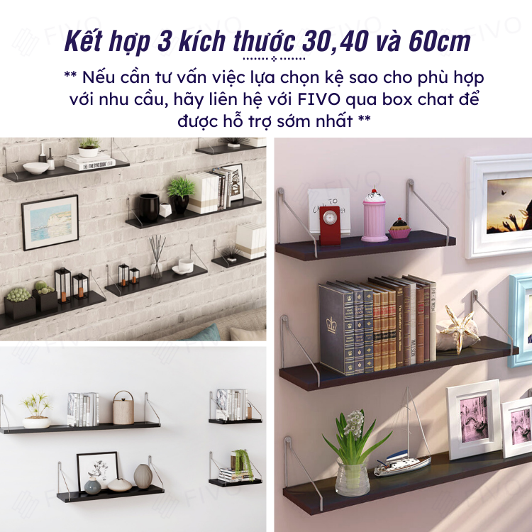 Kệ Trang Trí Treo Tường  Gỗ FIVO Mã FB40 Không Cần Khoan Tặng Kèm Đinh 4 Chân Chịu Lực Lên Đến 10KG Với Móc Treo Inox Dễ Dàng Gắn Lên Tường