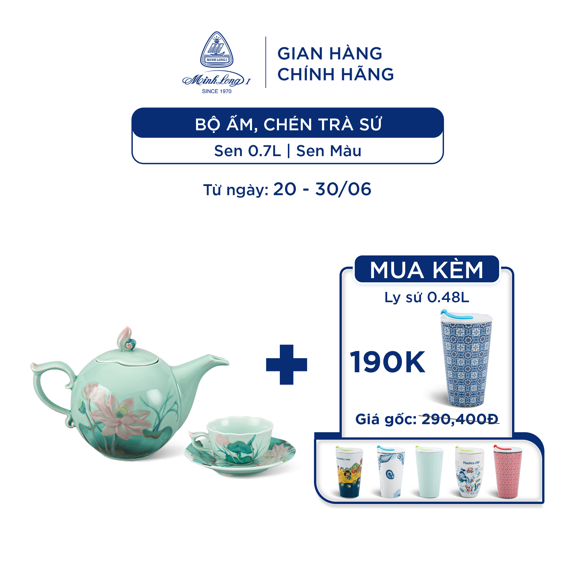 Bộ Ấm, Chén Trà Sứ Minh Long 0.7 L - Sen Màu