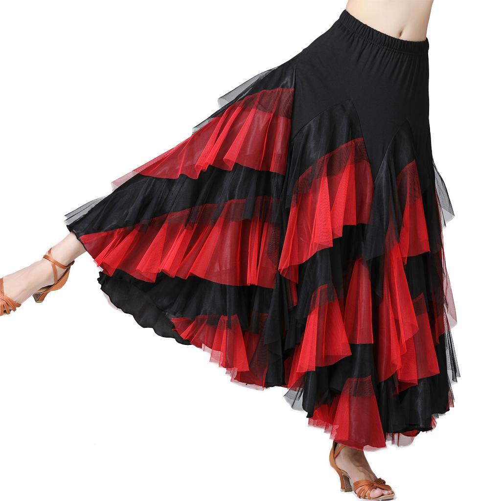 Flamenco Ballroom Waltz Dance  Skirt Womens Modern Costumes Black Red