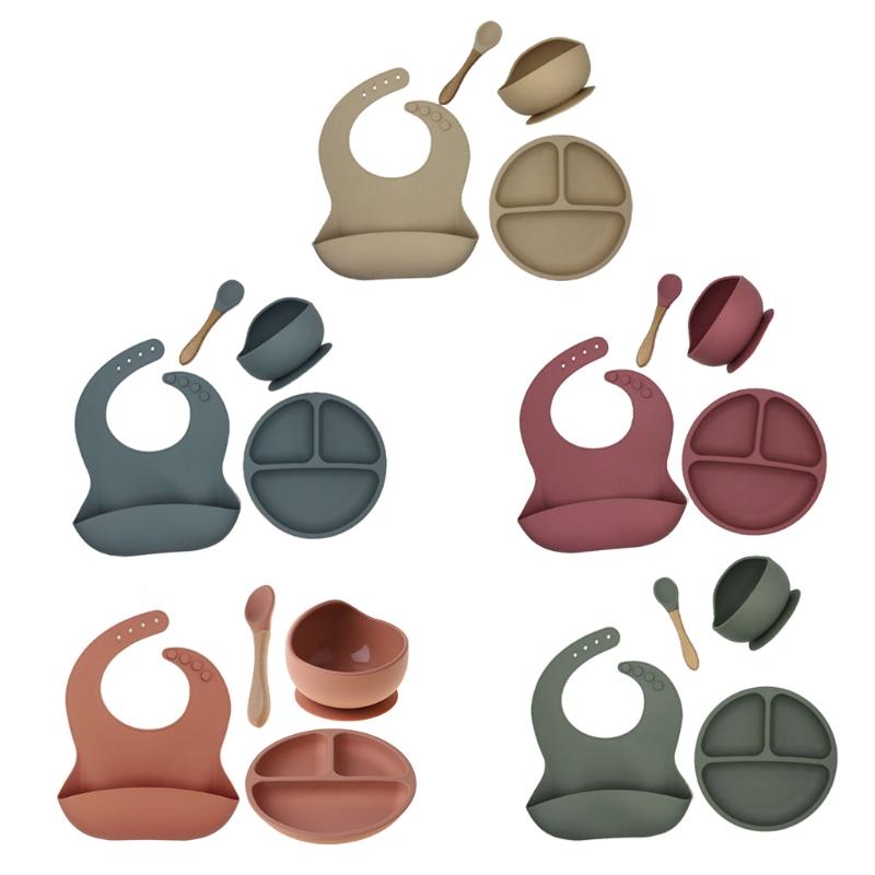 4 Cái/bộ Không Chứa BPA Silicone Cho Bé Bộ Đồ Ăn Yếm Chống Thấm Màu Đĩa Dùng Tiệc Hút Bộ Bát Và Thìa Cho Bé