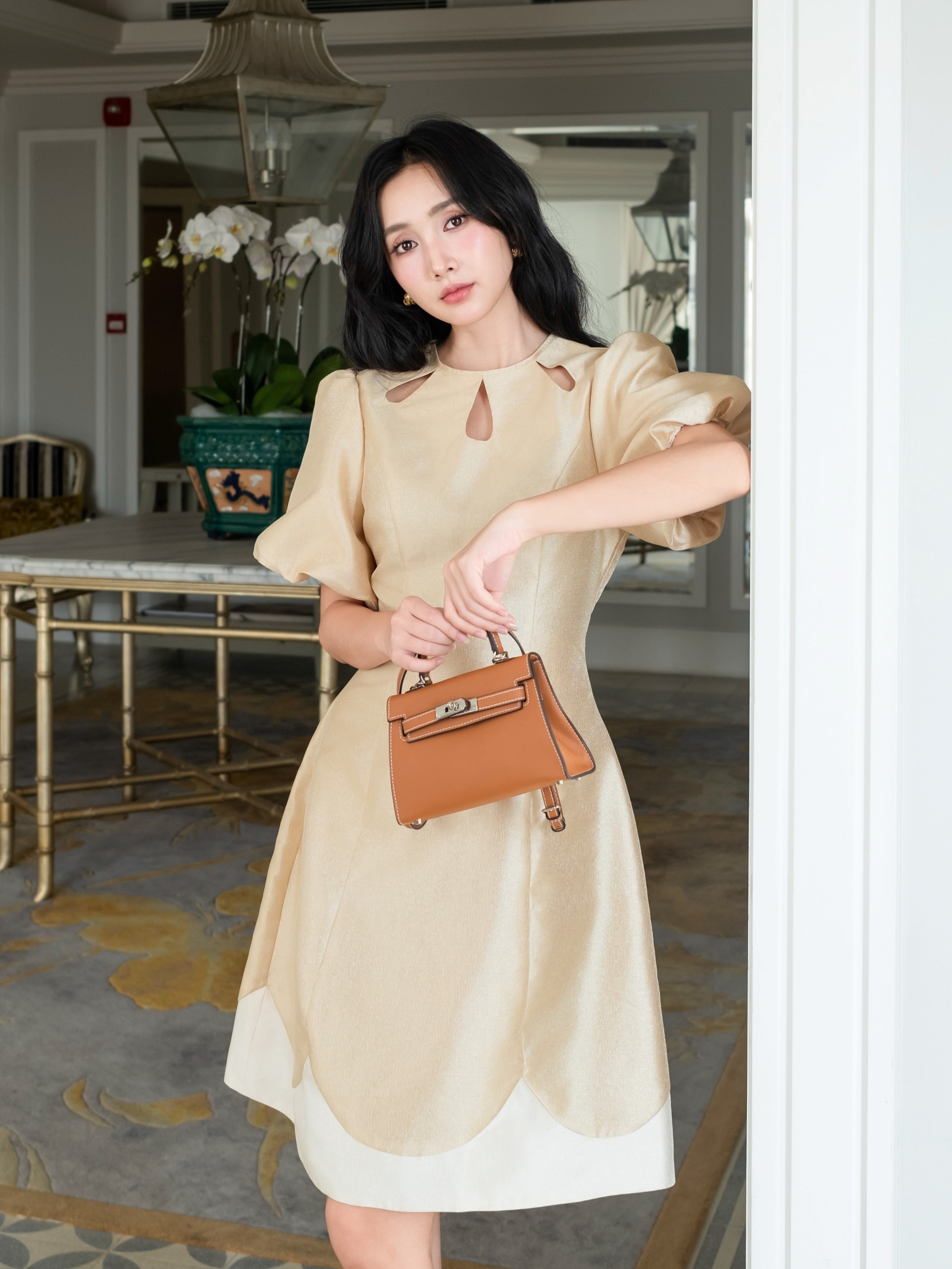 Đầm nude tay phồng NGADO , đầm dự tiệc , đầm thiết kế