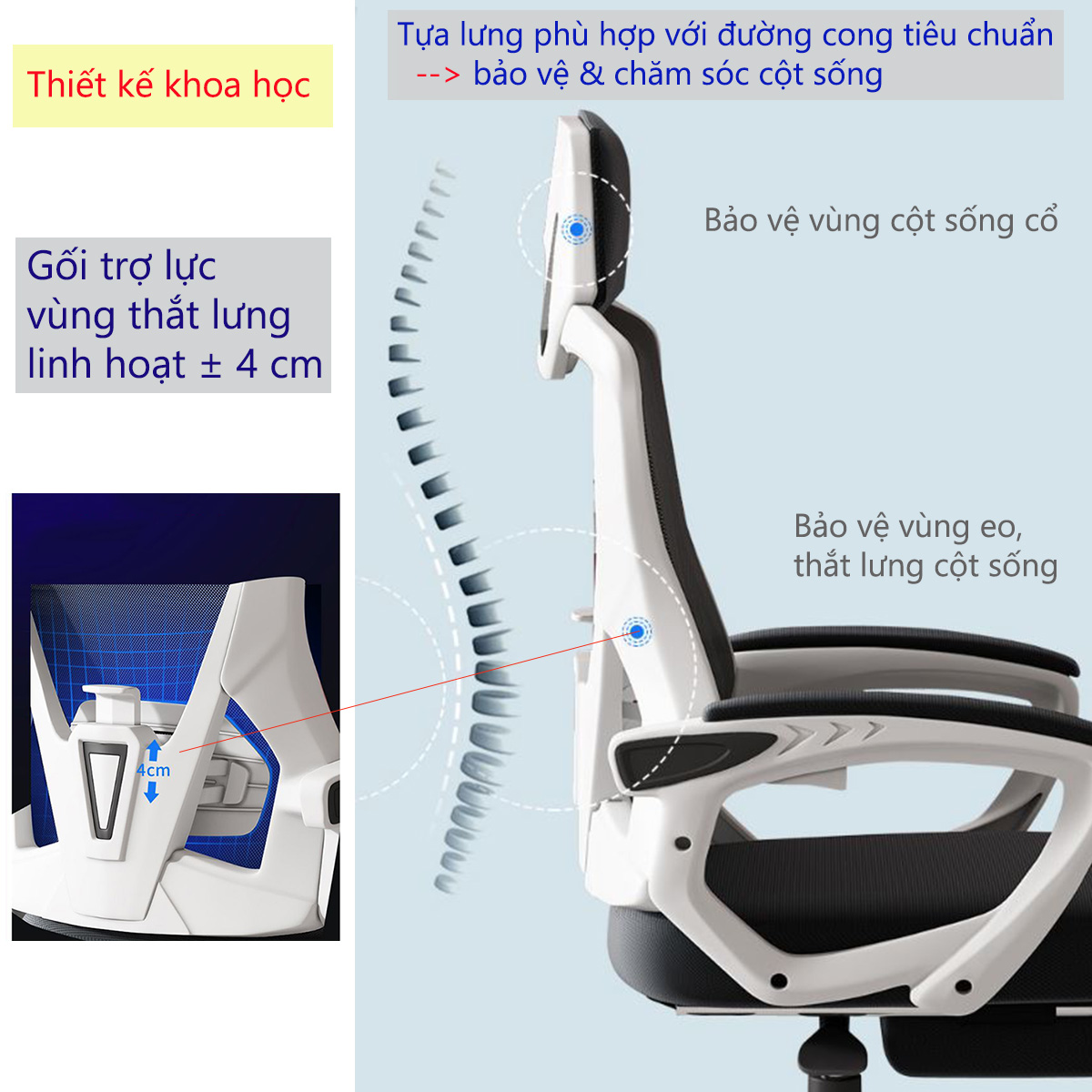 Ghế Xoay Văn Phòng, Ghế Công Thái Học, Ghế Làm Việc 2 trong 1 - Tựa Đầu 3D, Lưng ghế có thể ngả 145°, Tay Vịn cánh cung, Có Trợ Lực Vùng Eo Thắt Lưng, Vải Dệt Thoáng Khí & Cao Su Đàn Hồi, Bảo Vệ Cột Sống - Hàng Chính Hãng