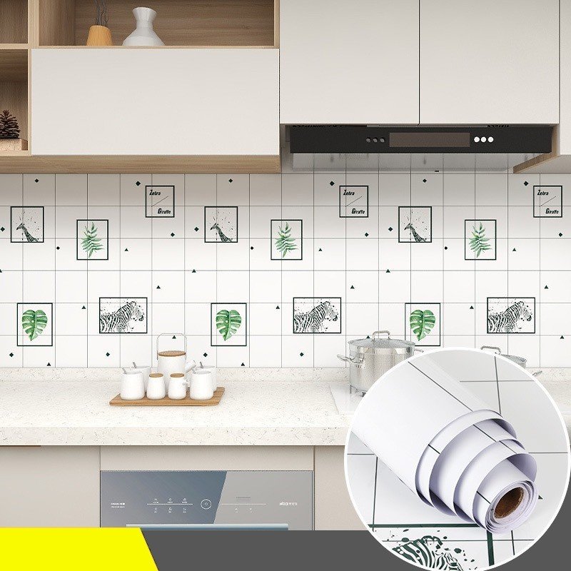 CUỘN 3 mét decal dán bếp tráng nhôm cách nhiệt, khung hình động vật và lá xanh khổ 60cm, có keo sẵn