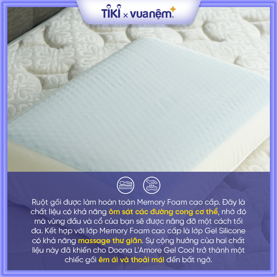 Gối cao cấp Memory Foam Doona L'Amore Gel Cool 35x55cm nâng đỡ đốt sống cổ, kết hợp Gel Silicone massage thư giãn êm ái bất ngờ