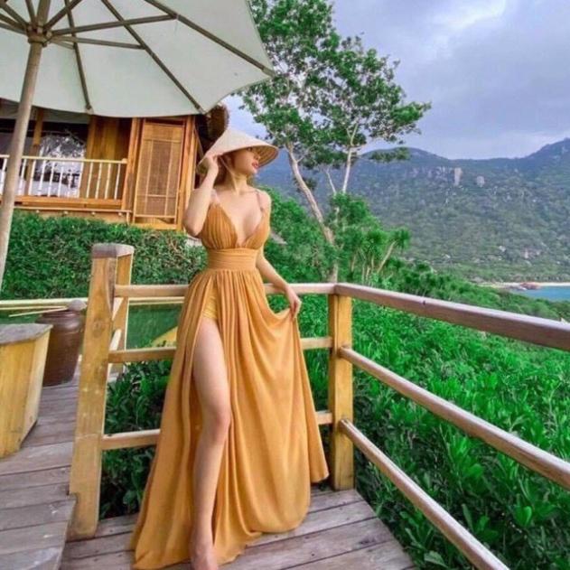 Đầm váy maxi 2s voan lót lụa xẻ tà 2 dây cổ V vàng đỏ hở lưng đi biển dự tiệc dạo phố bigsize gợi cảm sexy