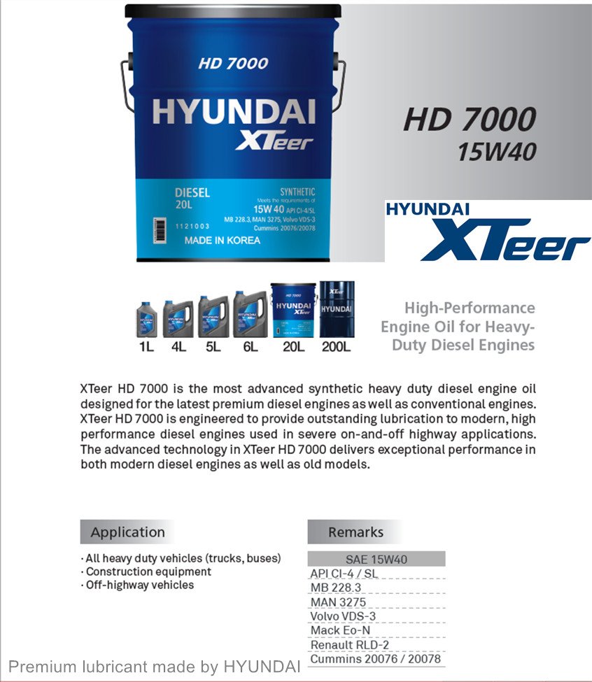 Dầu nhớt xe hạng nặng Hyundai HD7000 15W40 4 lít