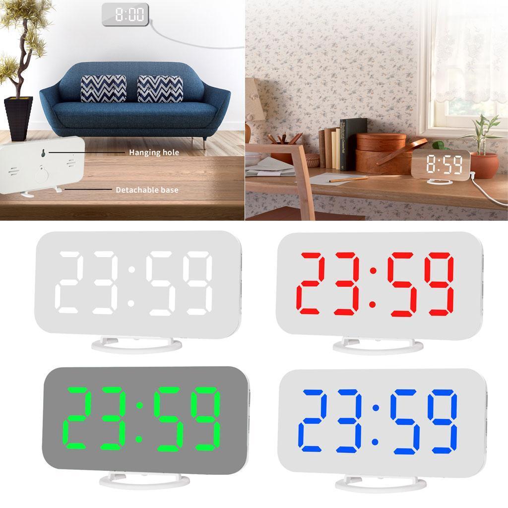Digital Alarm Clock Portable Mirror Surface Snooze Clock USB Charging White