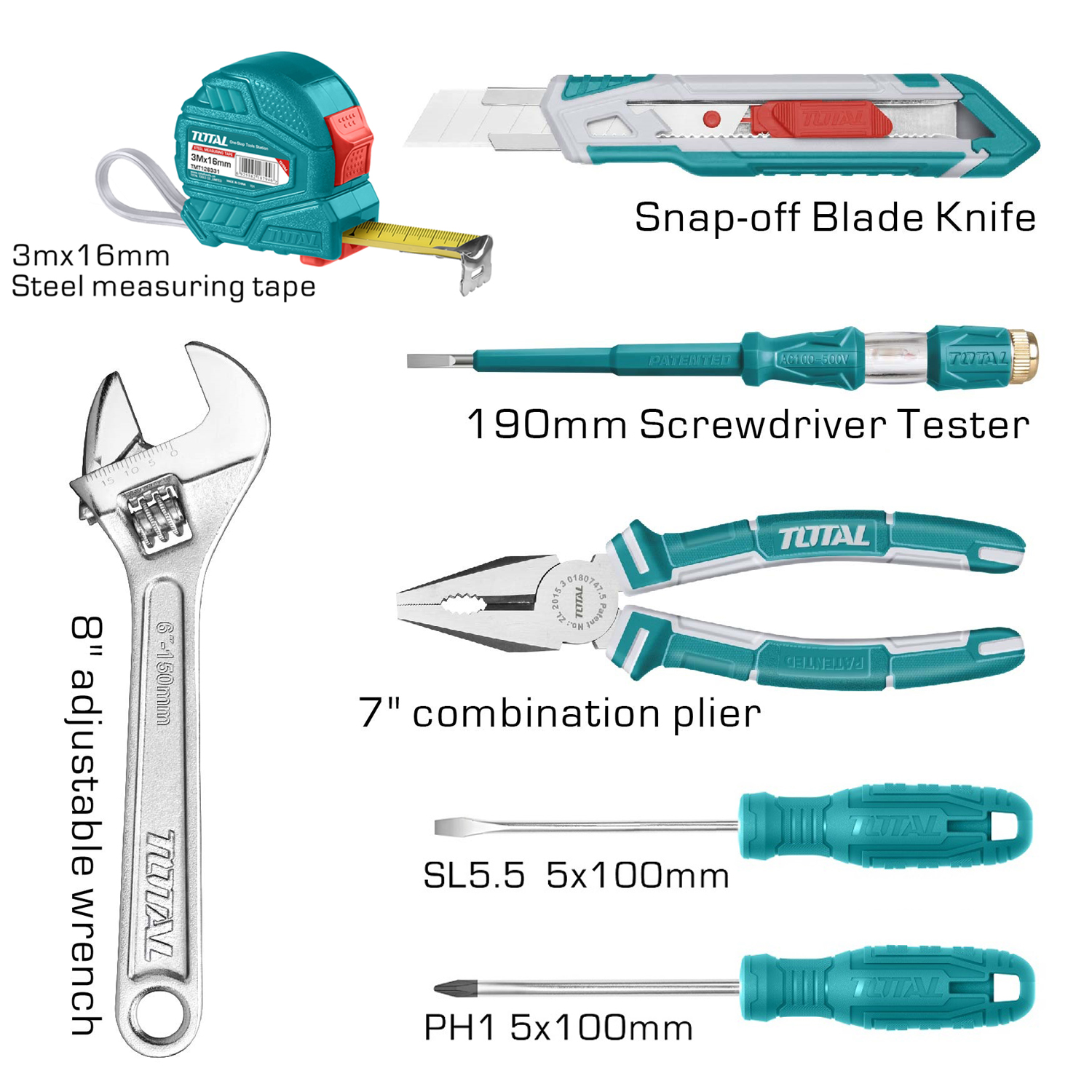 Hình ảnh Bộ dụng cụ 7 món gồm thước, dao, kềm, tua vít, mỏ lếch, bút thử điện TOTAL THKTHP90076 - Đa năng, 7in1, làm từ thép chuyên đụng CR-V