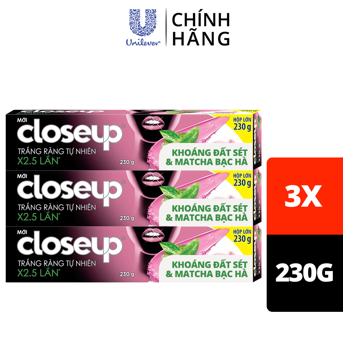 Combo 3 Kem đánh răng dạng Gel Closeup Trắng Răng Tự Nhiên Khoáng Đất Sét & Matcha Bạc Hà 230g cho răng trắng tự nhiên hơn 2.5 lần