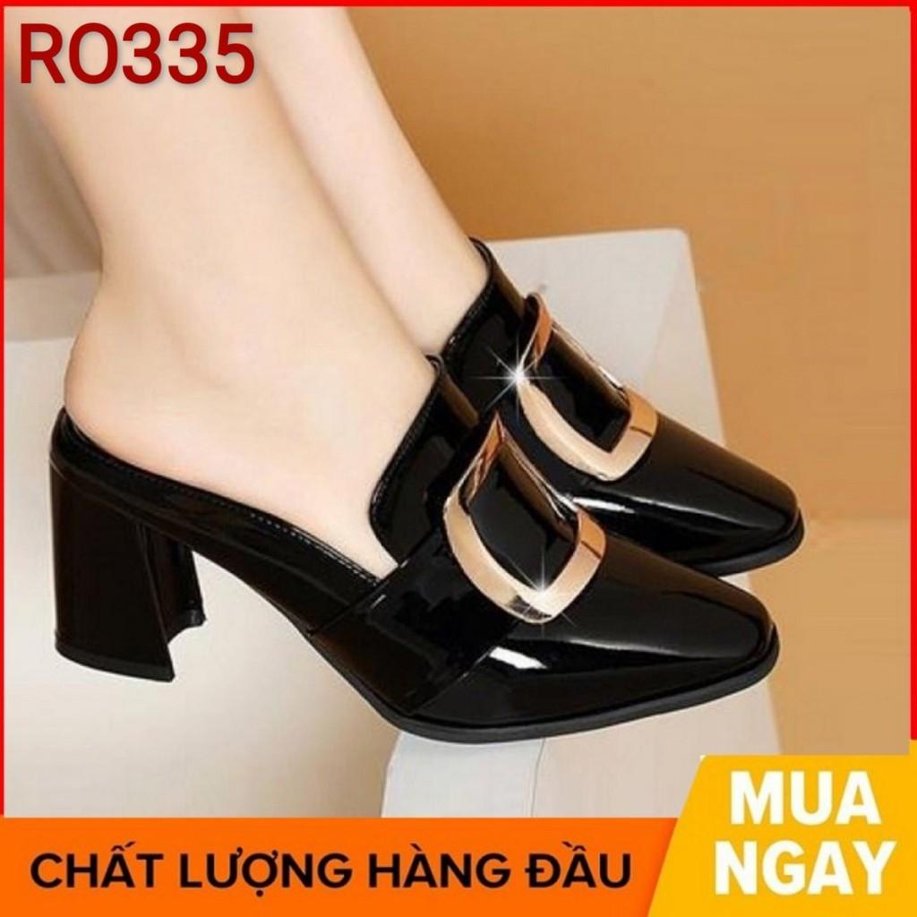 Giày cao gót nữ đẹp đế vuông 7 phân màu đen kem hàng hiệu rosata ro335