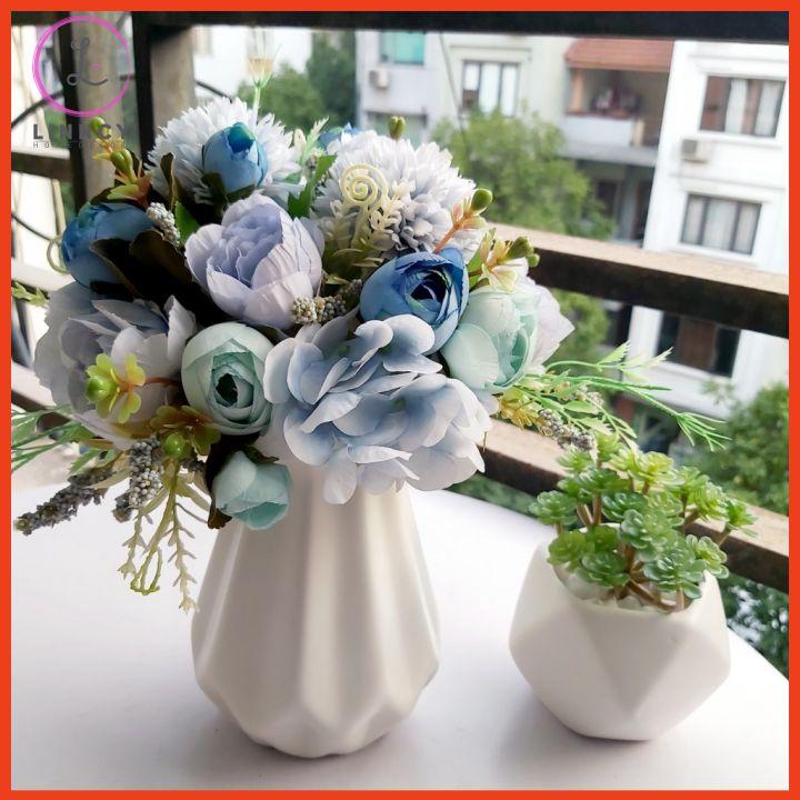 Bình hoa mix nhân tạo tông hồng, xanh cao 28cm trang trí nhà cửa, cửa hàng, văn phòng, lớp học