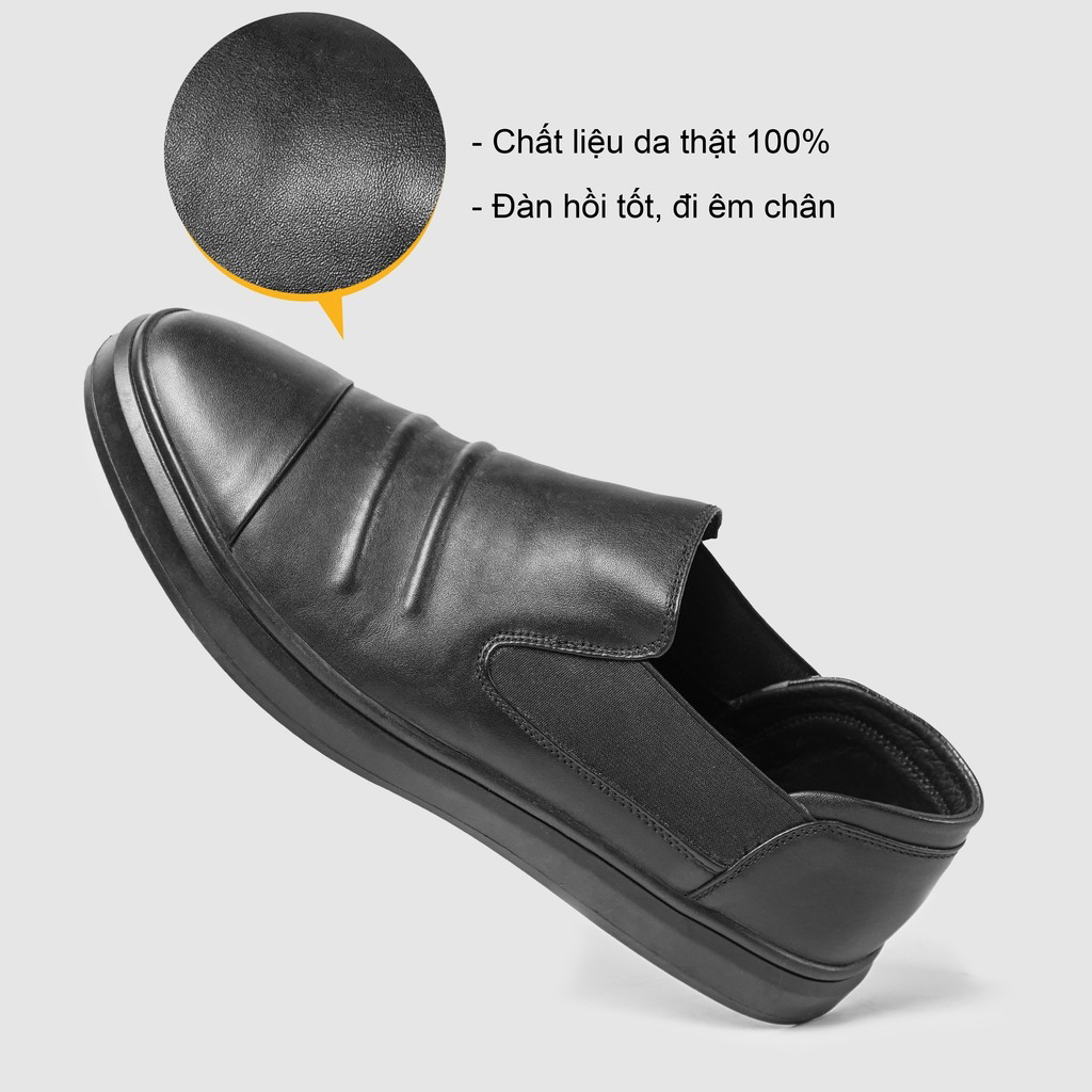 Giày mọi lười Slip on phối thun nam da bò nguyên tấm chống hôi chân, thoáng khí, êm chân SHOES 2H size 38-43, Đen 2H-72