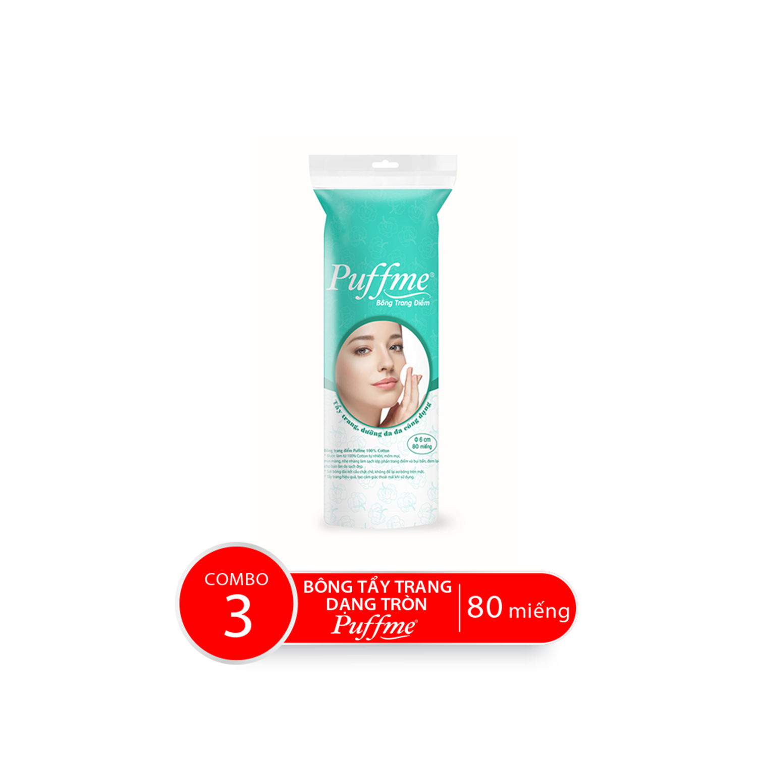 Combo Bao Bông Tẩy Trang Tròn PUFFME, 80 Miếng/Bao