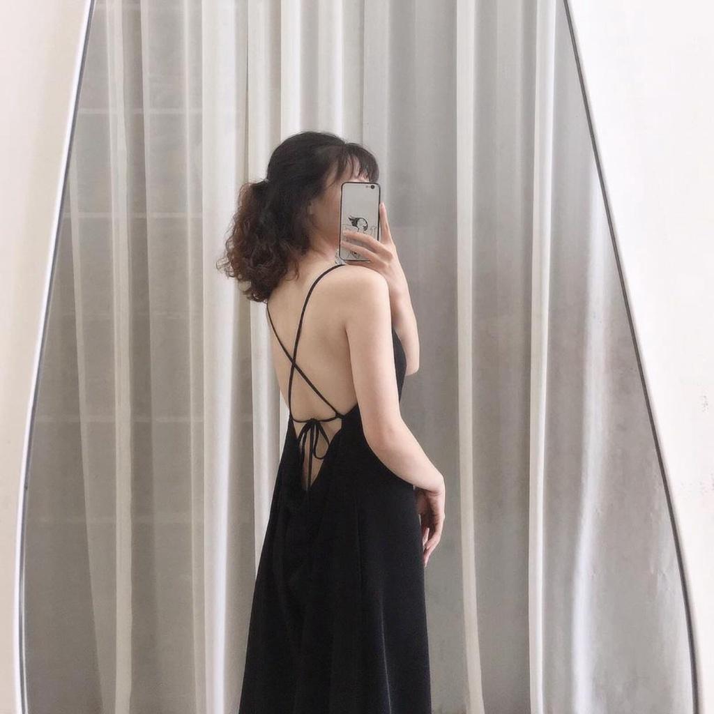 Đầm đen hở lưng đi biển, Váy 2 dây dáng suông Cao Cấp cột nơ sau vải cotton mát mẻ, quyến rũ gợi cảm - MiNhi Fashion
