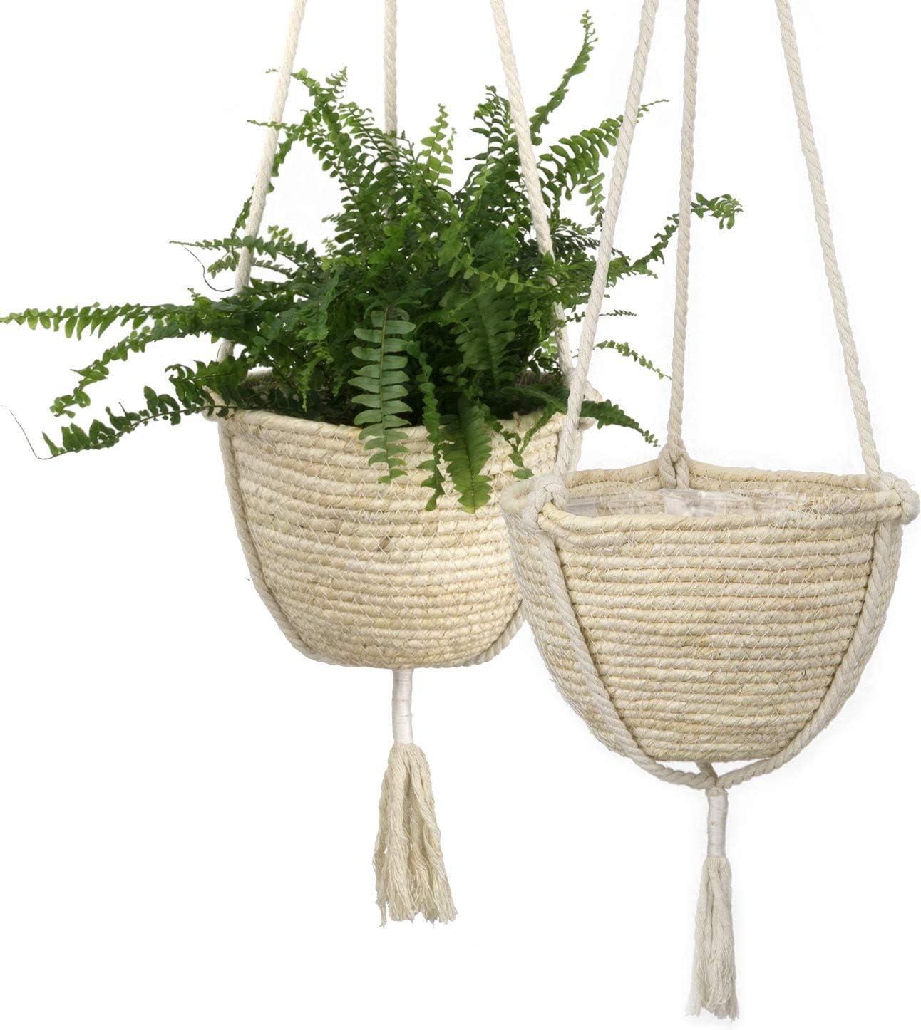 Giỏ trồng cây treo cỏ biển tự nhiên, Chậu cây trong nhà thân thiện với môi trường, Nắp chậu trồng cây, Da ngô, Bộ 2