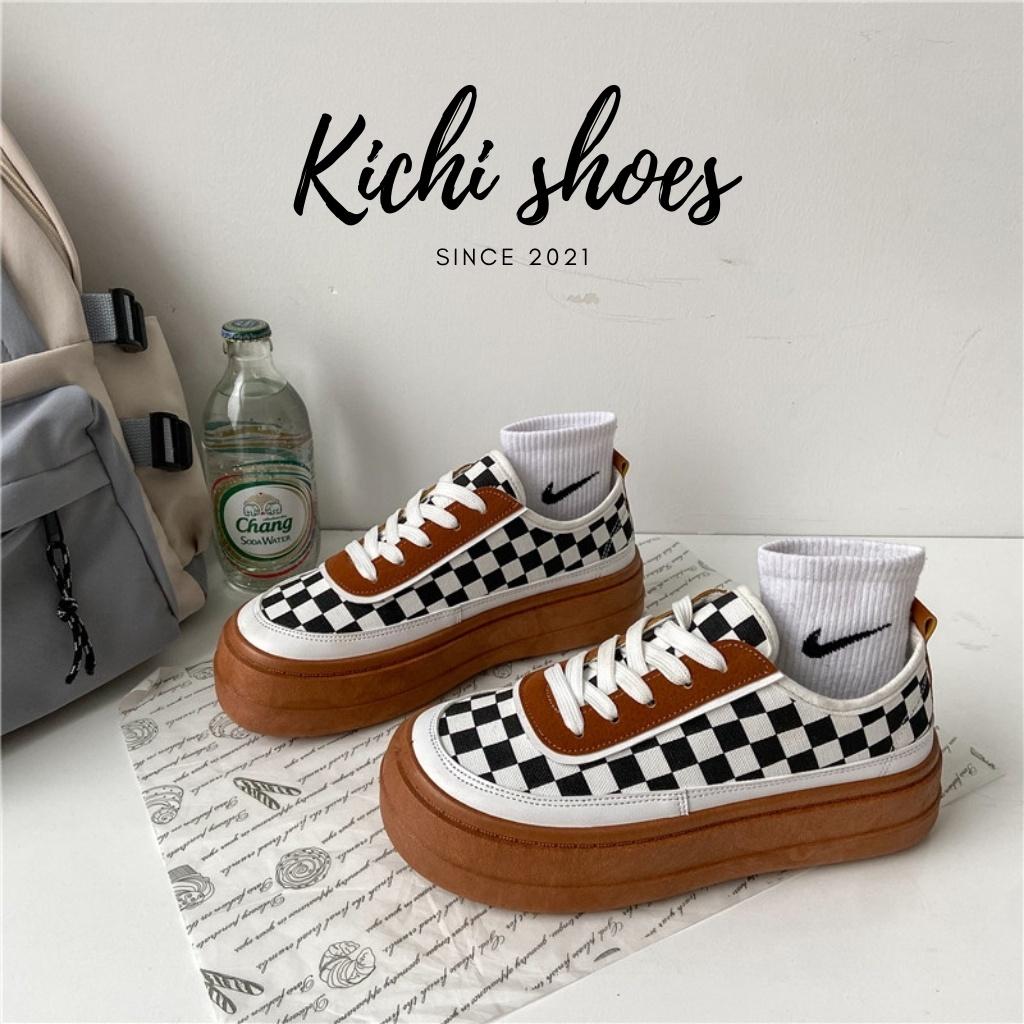 Giày nữ độn đế tăng chiều cao caro Full Box siêu êm chân Giày thể thao đế bằng bánh mì mã 7806 - Kichi Shoes