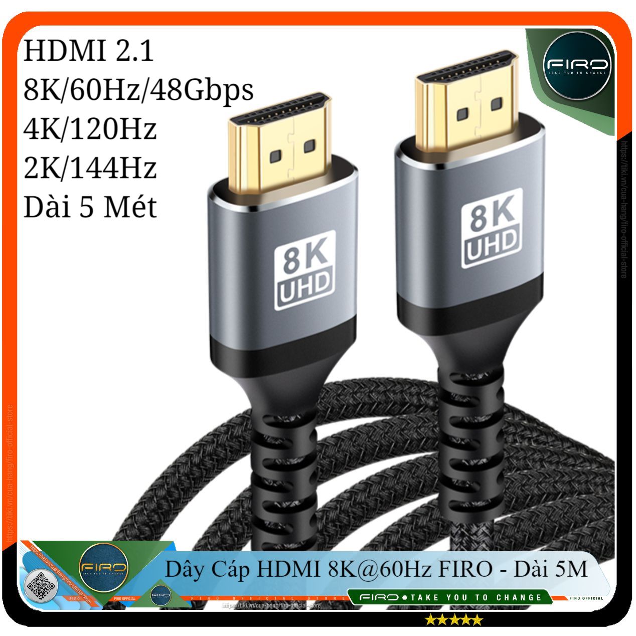 Cáp HDMI 2.1 8K 60Hz/48Gbps - Dây HDMI FIRO ATMOS Dài 5 Mét - Dây Cáp HDMI 2.1 8K/60Hz/48Gbps - 4K/120Hz - 2K/144Hz - Dài 5 Mét Lõi Dù Dùng Cho Tivi/ Laptop/ Máy Tính/ Playstation - Hàng Chính Hãng