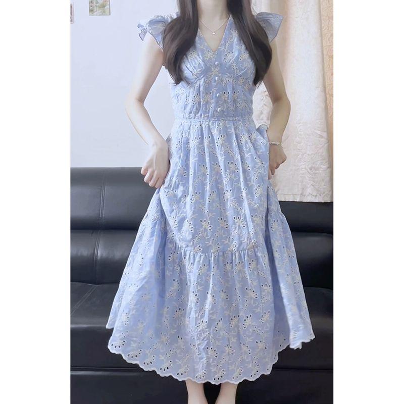 SHUANGYAN Phong cách Pháp ngọt ngào khí chất màu xanh cam cuống váy nữ sinh mùa hè thu eo lộ vẻ gầy trung dài mảnh hoa váy