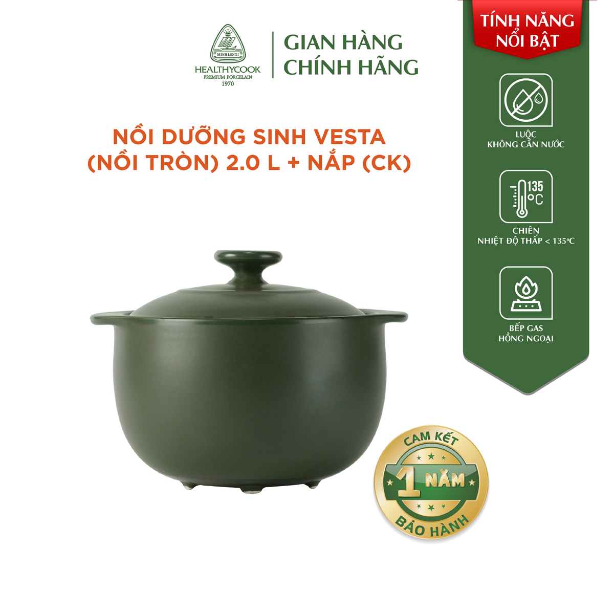 Nồi Sứ Dưỡng Sinh Minh Long Healthy Cook Vesta 2.0 - Dùng Cho Bếp Gas, Bếp Hồng Ngoại