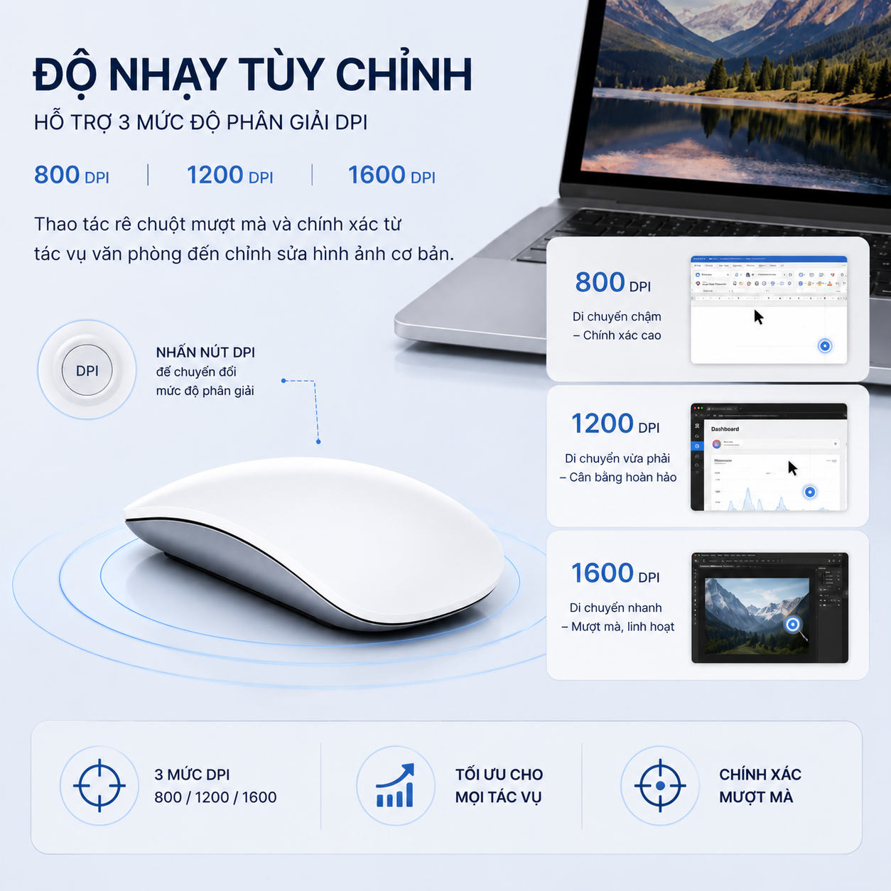 Chuột không dây Công nghệ AirTouch Magic Mouse Silent Click Êm Ái WiWU WM103 - Bluetooth 5.1 | Sạc Type-C | Silent Click | 3 Mức DPI – Tương Thích MacBook iPad Windows Android - hàng nhập khẩu