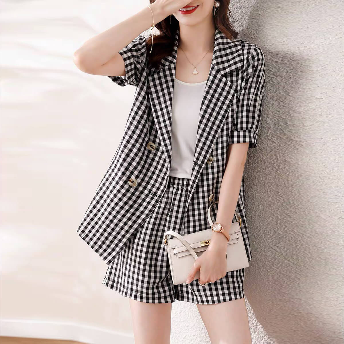 Set vest caro tay phồng 3 món