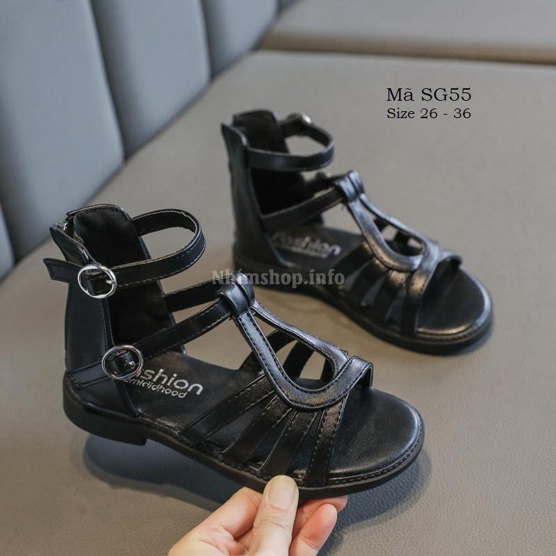 Sandal chiến binh bé gái - sandal bé gái cao cổ phong cách Hàn Quốc da PU mềm đế bám màu đen thời trang SG55