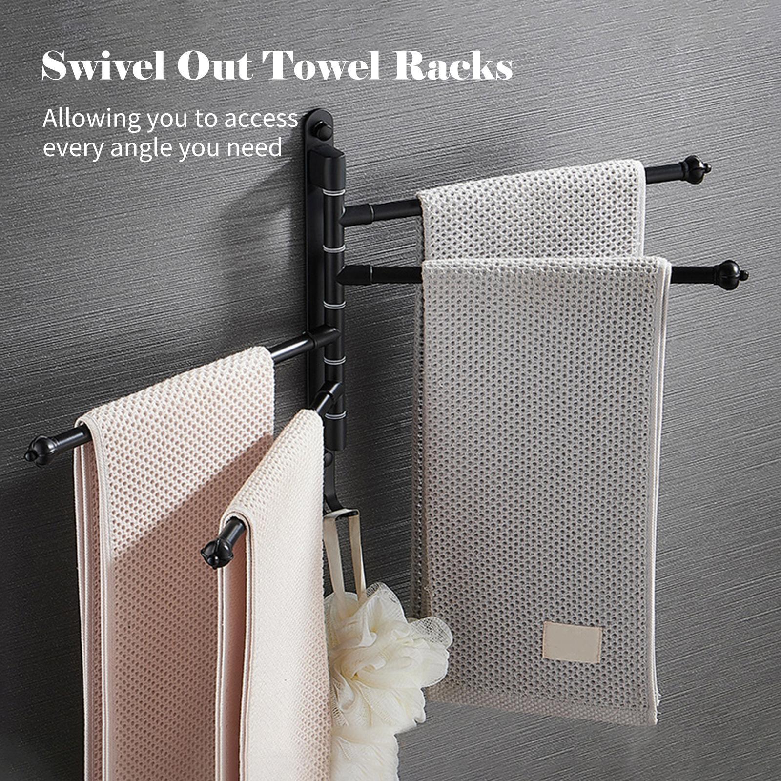 Swivel Out Towel Racks with Hooks Foldable Arms Bath Towel Hanger Wall Mount Towel Bar Aluminum Towel Holder Organizer
