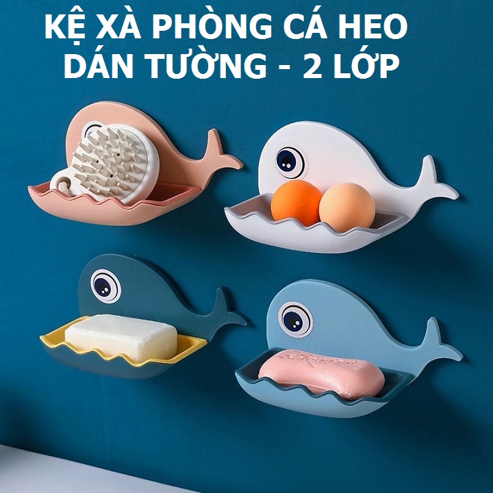 Kệ nhà tắm đựng xà phòng dán tường cá heo, 2 lớp có lỗ thoát nước miếng dán siêu chắc / không cần khoan tường, khay để xà bông cho bé - giao màu ngẫu nhiên 