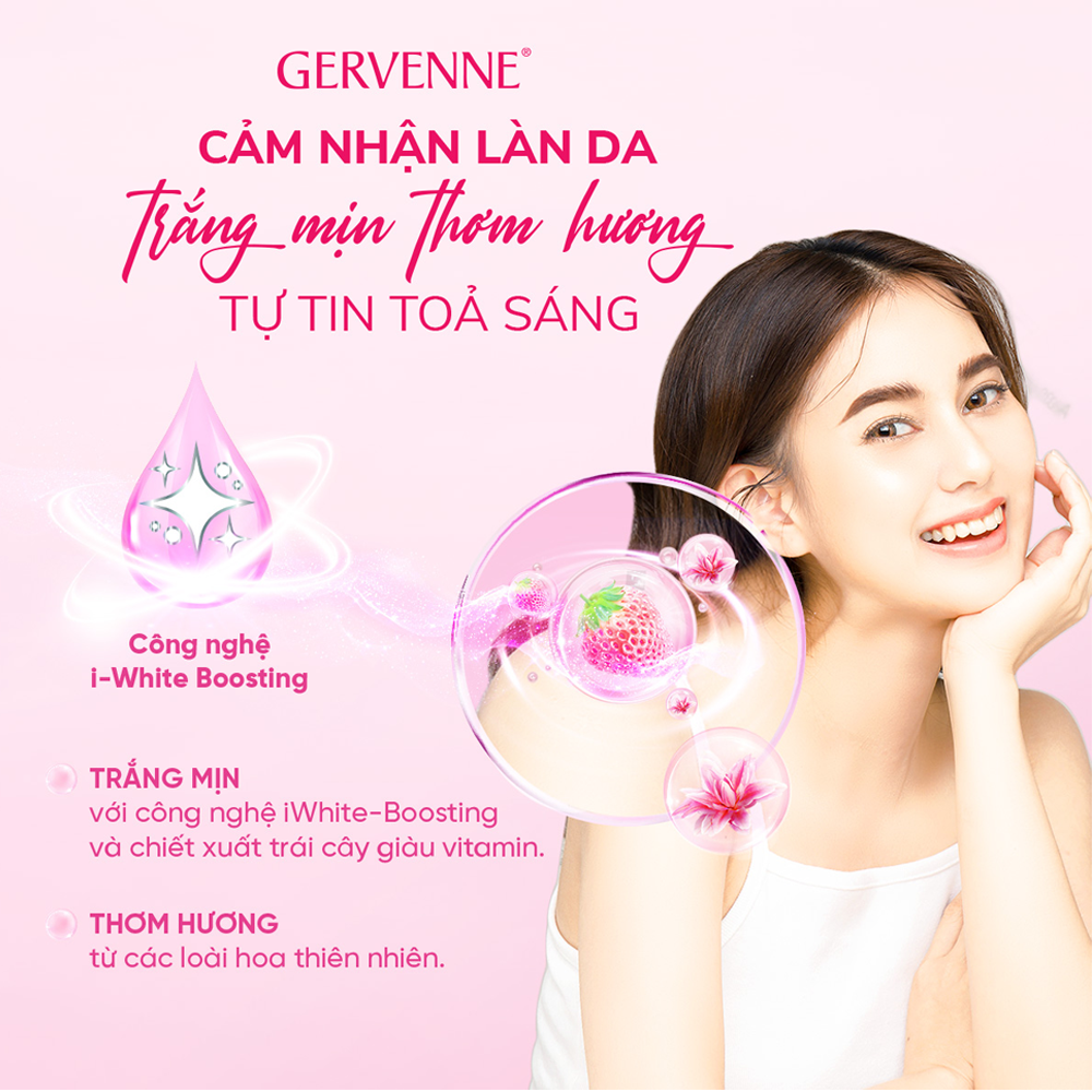 Sữa tắm trắng da hương nước hoa Gervenne Dâu Tây Bạch Tuyết và Lily Hồng (1.2L/chai)