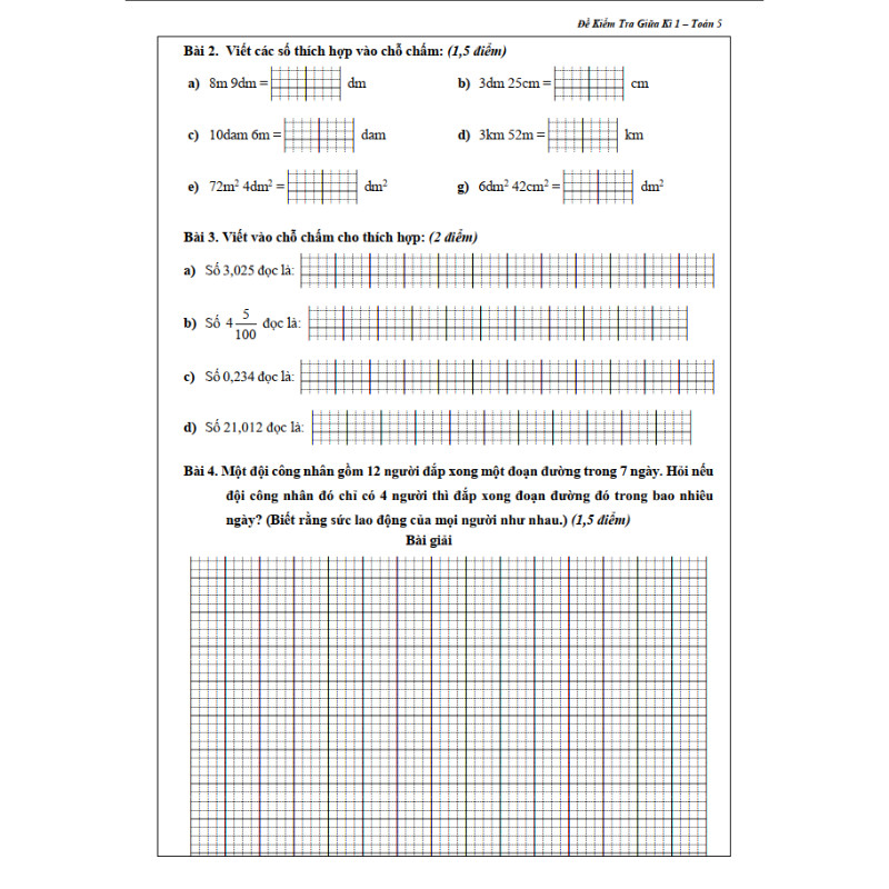 Đề Kiểm Tra Toán 5 - Tập 1