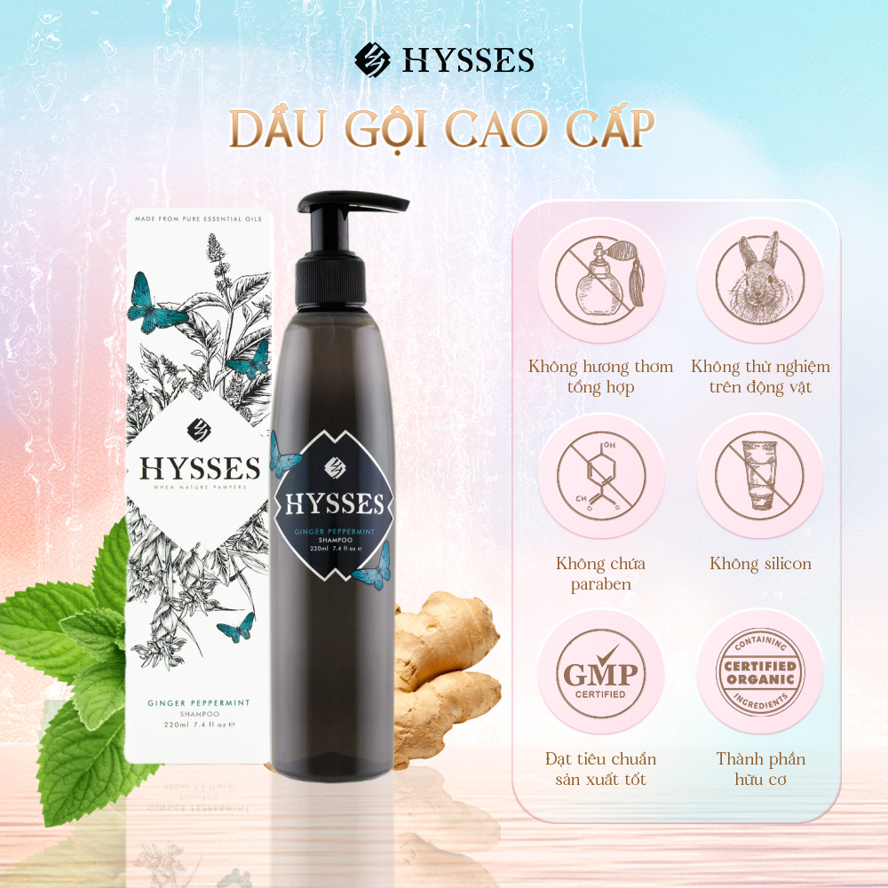 Dầu gội Tinh Dầu Cao Cấp Hysses Giúp Làm Dịu Da Đầu Khô Ngứa, Hỗ Trợ Tình Trạng Gàu, An Toàn Cho Da Đầu Với Gừng & Bạc Hà Hữu Cơ Tự Nhiên