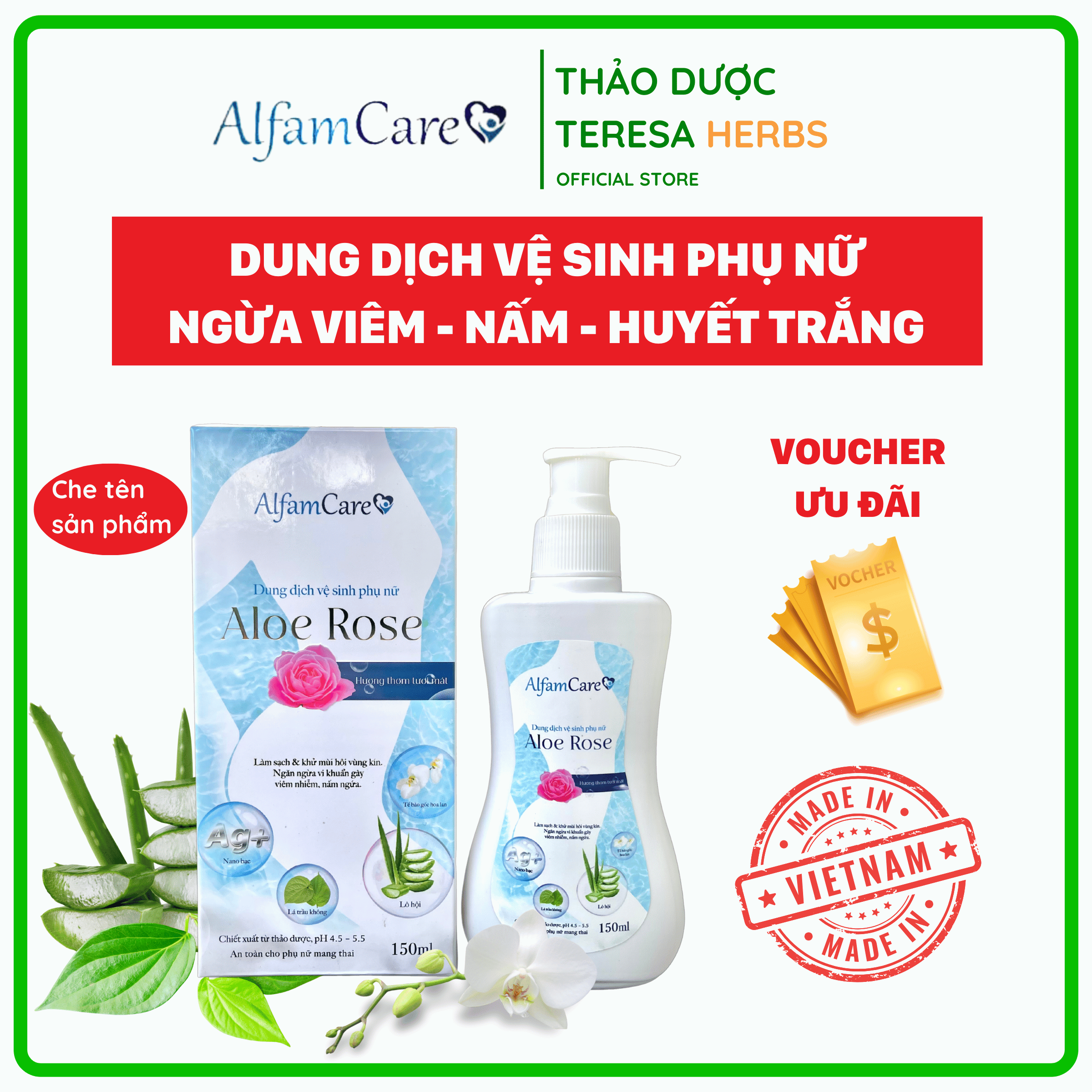 Dung Dịch Vệ Sinh Phụ Nữ Aloe Rose AlfamCare Hỗ Trợ Viêm Nhiễm Phụ Khoa, Nấm Ngứa Chai 150 ml