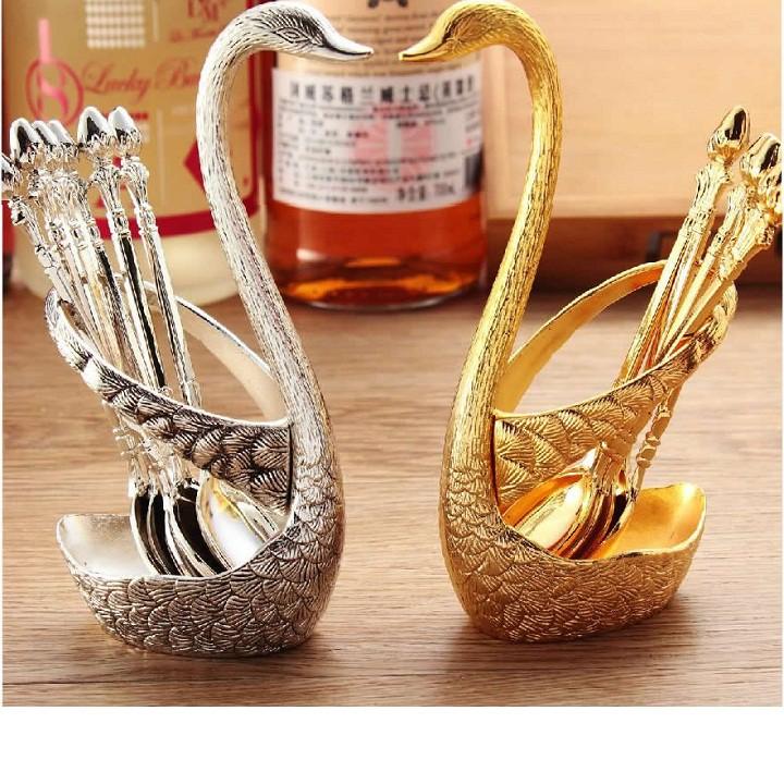Bộ 6 muỗng và lọ để muỗng thiên nga cao cấp
