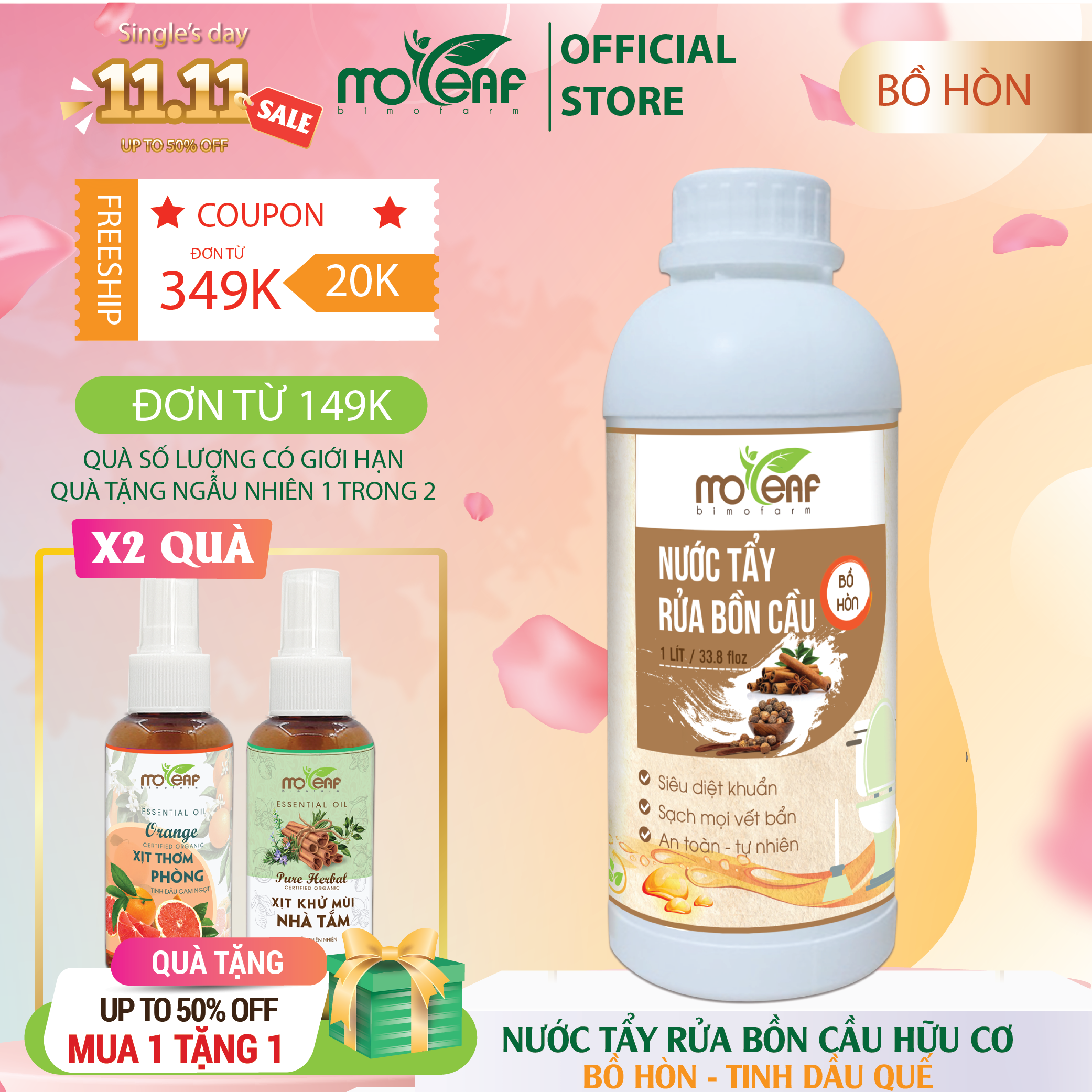 Nước tẩy rửa bồn cầu Hữu cơ diệt khuẩn Moleaf với tinh chất Quế 1000 ml  – Chai 1Lít