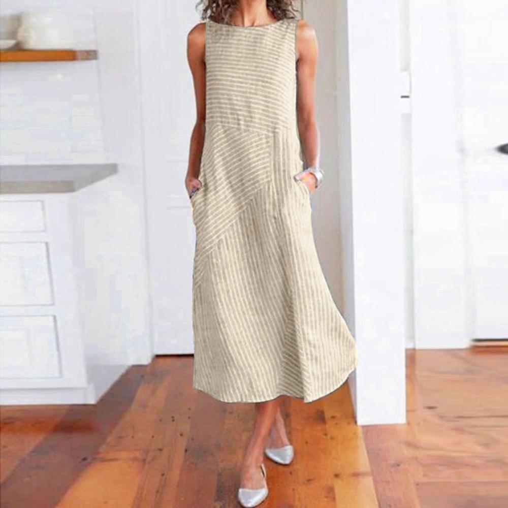 Women Plus Size Dress Linen Retro Print O Neck Sleeveless Side Pockets Summer Casual Maxi Party Beach Dress