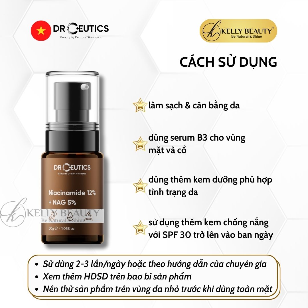 Serum Vitamin B3 12% DrCeutics - Da Sáng Đều Màu &amp; Se Lỗ Chân Lông - Niacinamide 12% + NAG 5% | Kelly Beauty