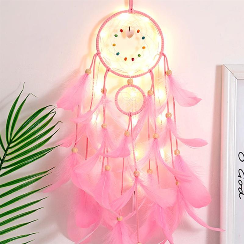 Vòng Dreamcatcher Lông Vũ Có Đèn LED Treo Tường Trang Trí Phòng Ngủ Tặng Kèm Móc Dán Tường