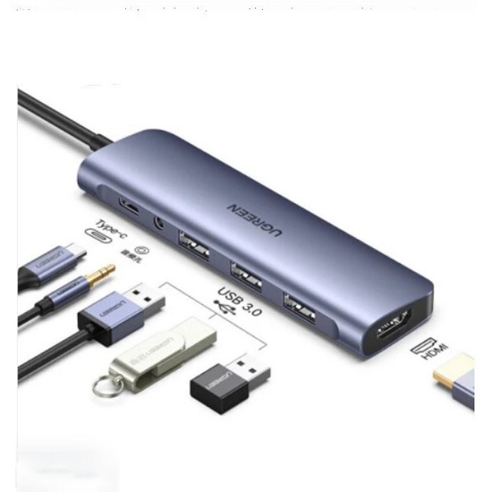 Bộ Chuyển USB C 6 in 1 UGREEN 80132 USB C to 3 USB 3.0+HDMI 4K + Audio 3.5mm hỗ trợ Mic + PD 100W hàng chính hãng