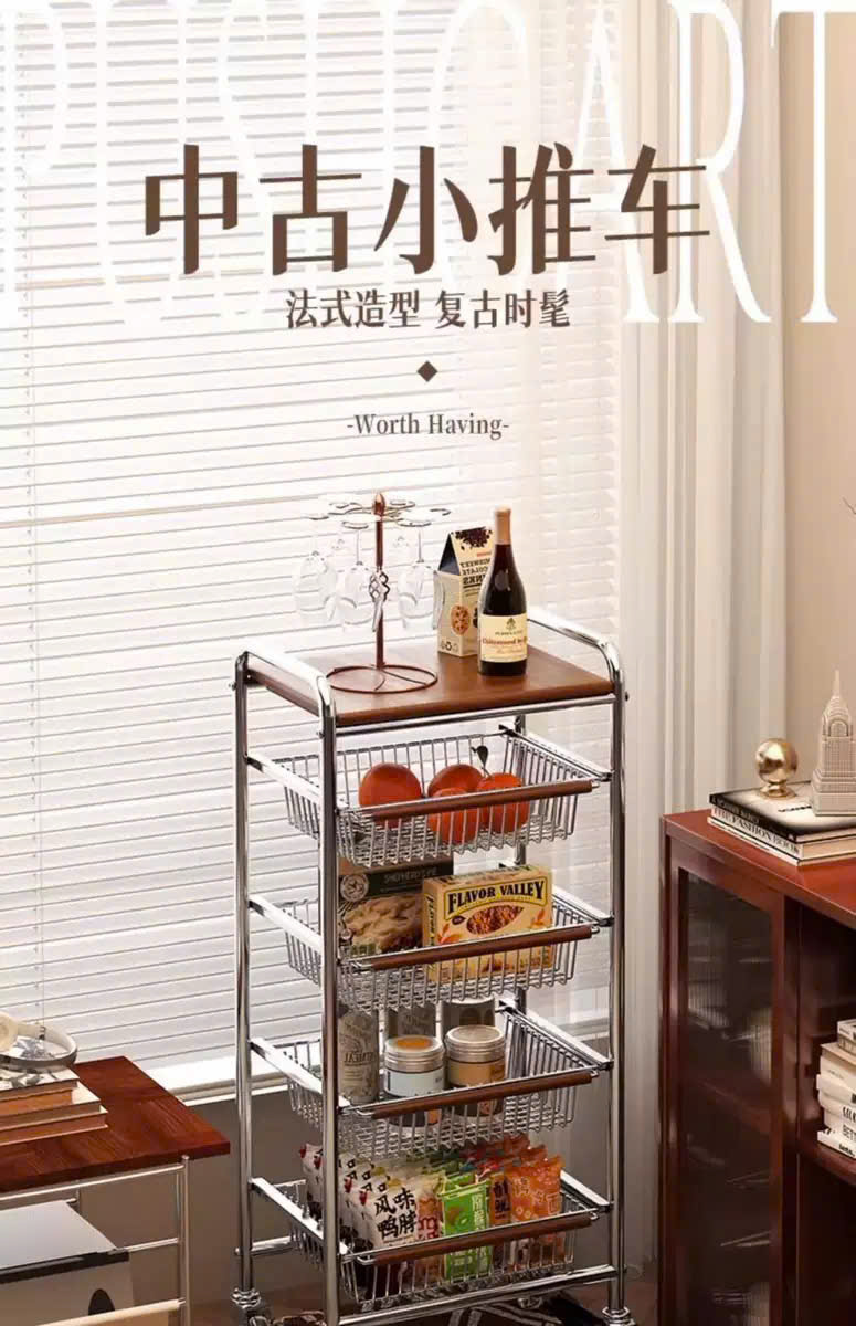 Xe Đẩy Kệ Để Đồ Đa Năng Nhiều Ngăn Tầng Có Ván Gỗ Retro Vintage – Khung Kim Loại Chắc Chắn, Kệ Trang Trí Nhà Bếp Phòng Khách - HÀNG CHÍNH HÃNG MINIIN