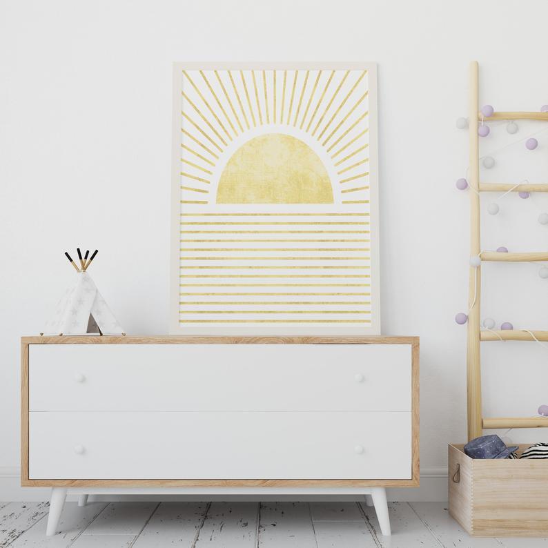 Tranh Canvas Cao Cấp | Tranh Hình học màu vàng ánh nắng mặt trời nghệ thuật, trừu tượng mặt trời mọc