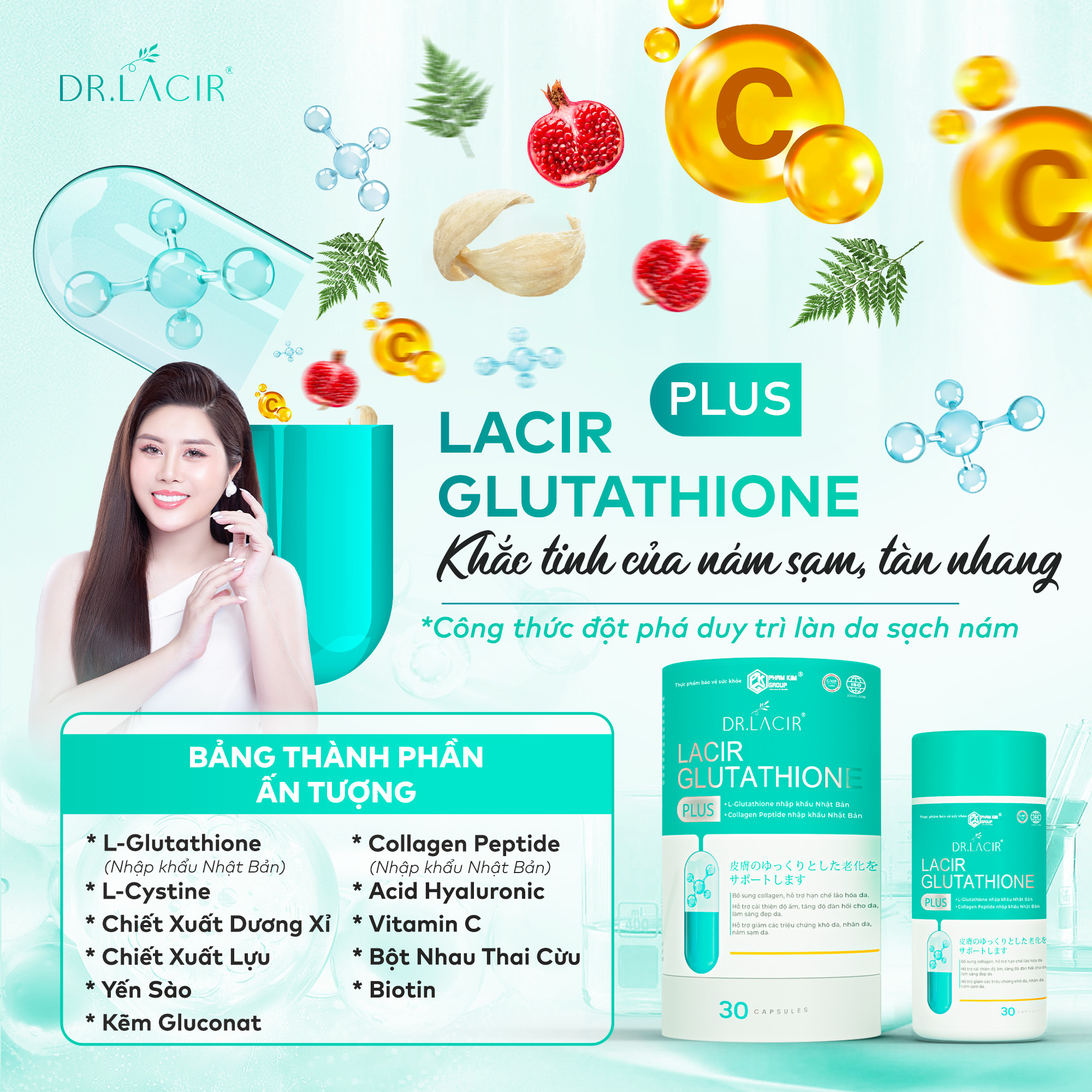 Viên uống Nám Lacir Glutathione Plus Dr.lacir, Trắng Da Mờ Nám (Chính Hãng Dr Lacir)