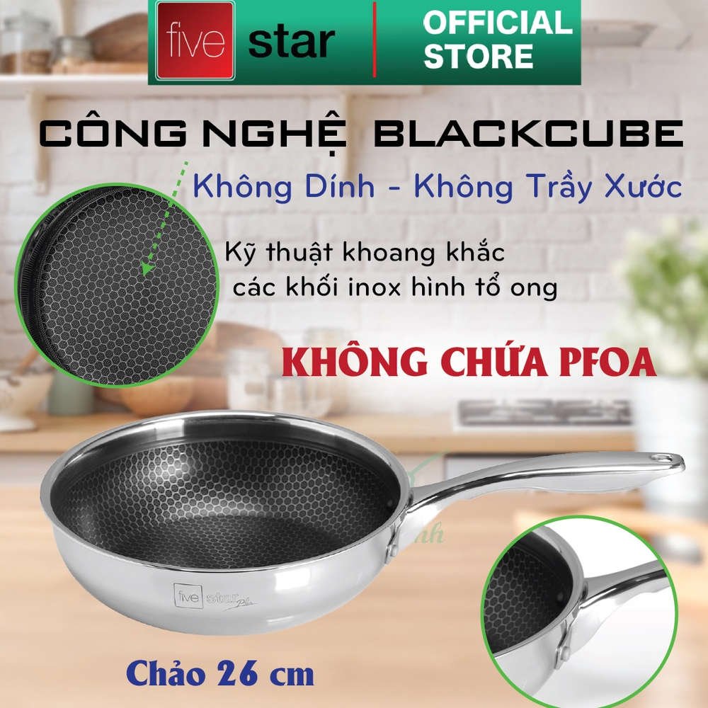 Bộ 4 nồi và 1 chống dính BlackCube 3 lớp đáy liền inox 304 Fivestar Plus nắp kính công nghệ chống trầy xước, dùng được mọi bếp