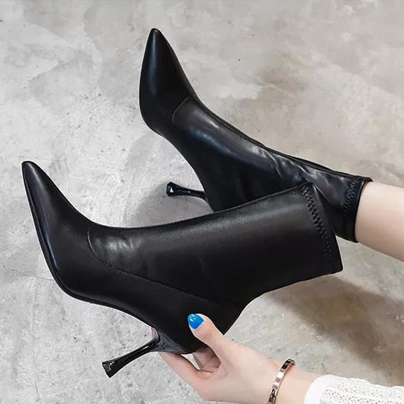 BỐT NỮ MŨI NHỌN CỔ LỬNG GÓT CAO 8CM 3 MÀU ĐEN,KEM,TRẮNG DA SI MỀM CAO CẤP - BOOTS NỮ