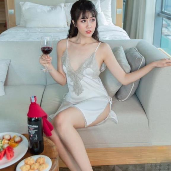 Váy ngủ lụa ren ngực sexy đầm ngủ hai dây xẻ tà hàng nhập cao cấp màu đỏ *