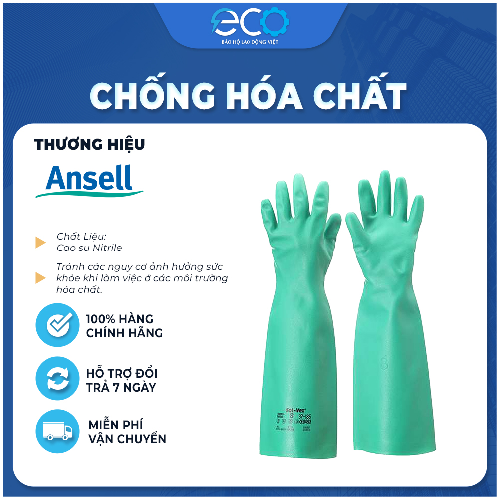 Găng tay chống dầu, hoá chất Ansell Solvex 37-185 bảo vệ tay khỏi hóa chất, axit loãng, dầu mỡ