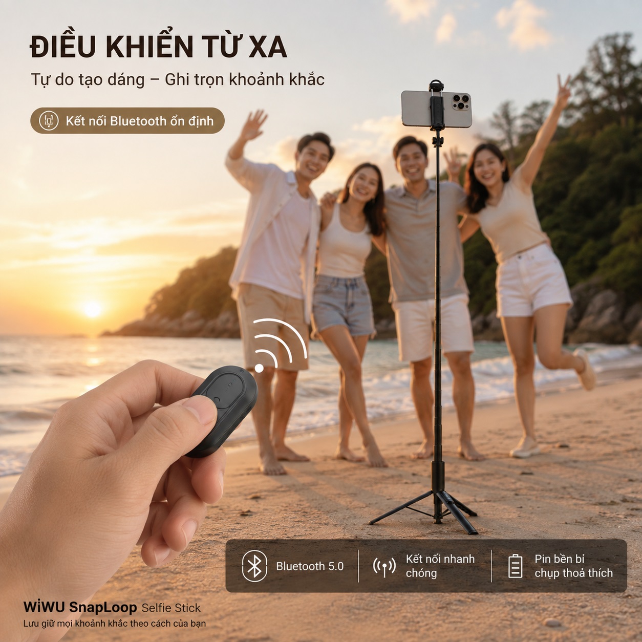 Gậy Chụp Ảnh Selfie Xoay 360 độ chống rung hiệu WIWU WI-SE019 SnapLoop 4in1 Tripod Bluetooth – Bung Tripod 1 Chạm – Kéo Dài 1.6M – Remote Từ Tính - Cho iPhone Samsung Oppo Huawei - Z Fold - Z Flip - Hàng nhập khẩu