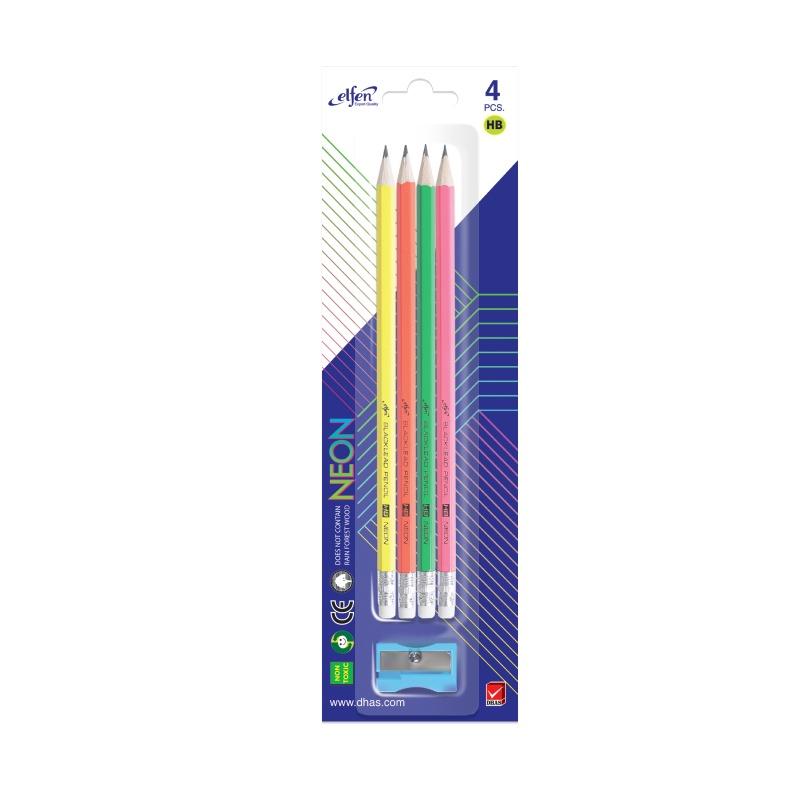 Bộ bút chì Elfen, bút chì đen HB, màu neon, vỉ 4 cây kèm gọt chì